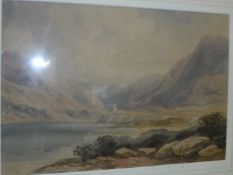 ATTRIBUTED TO DAVID COX “Mountainous lake landscape with tower in mid ground”, watercolour,