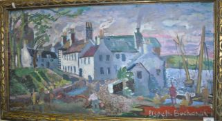 ELSPETH BUCHANAN "Kircudbright harbour", oil on canvas with grid showing, bears label verso, 44.