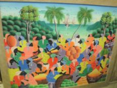 DOMINICAN SCHOOL "Woman with baskets by shoreline", oil on board,