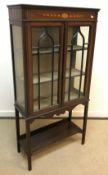 An Edwardian mahogany and satiwood strung and painted display cabinet with two glazed doors