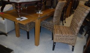 A modern oak draw leaf dining table on square supports, 200 cm x 80 cm x 77 cm high,