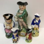 A collection of five various character jugs including "Hearty Good Fellow in green jacket", 28.