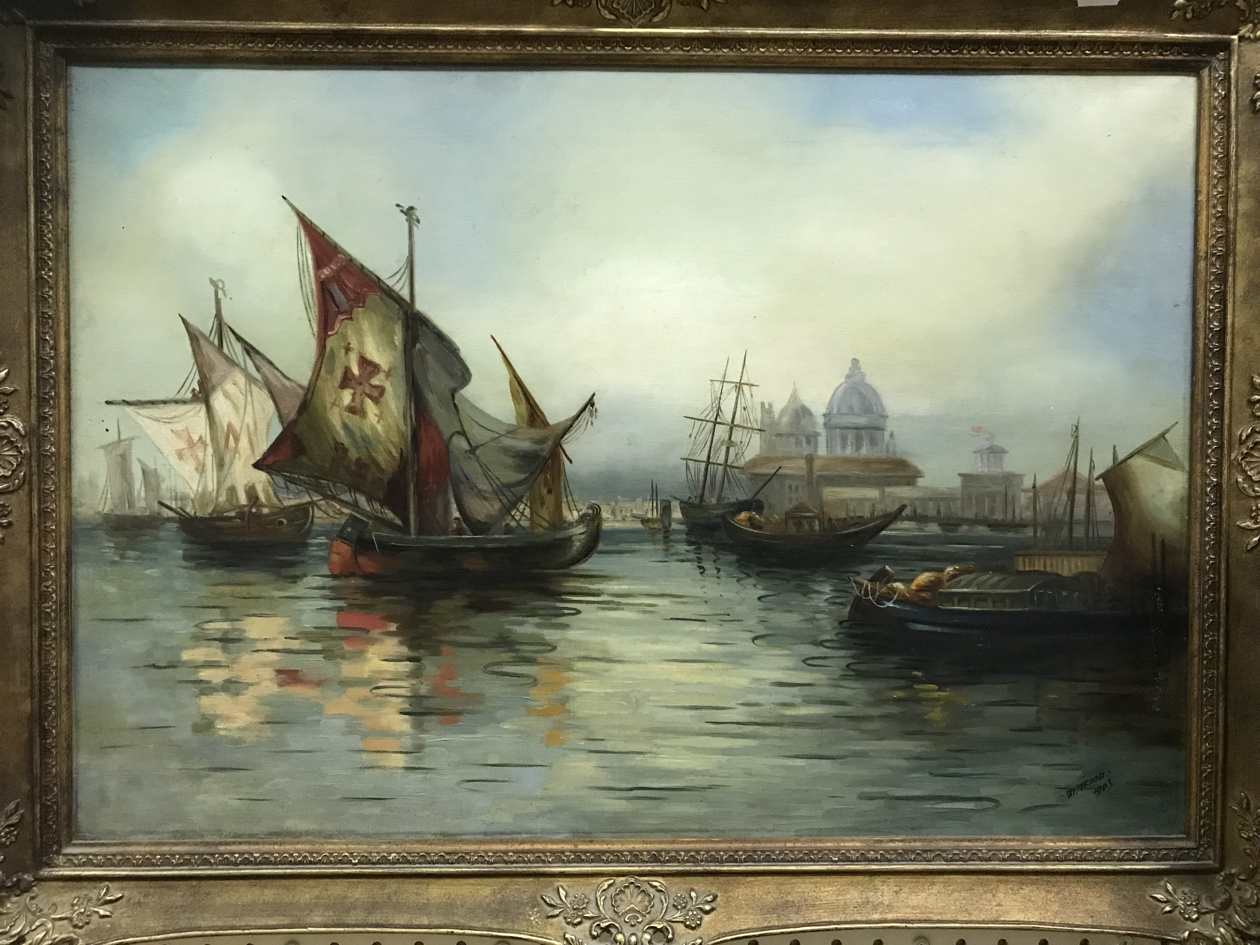 M TROOD “Maritime Scenes with Sailing Vessels, Town in Background”, oil on canvas, a pair, - Image 4 of 5