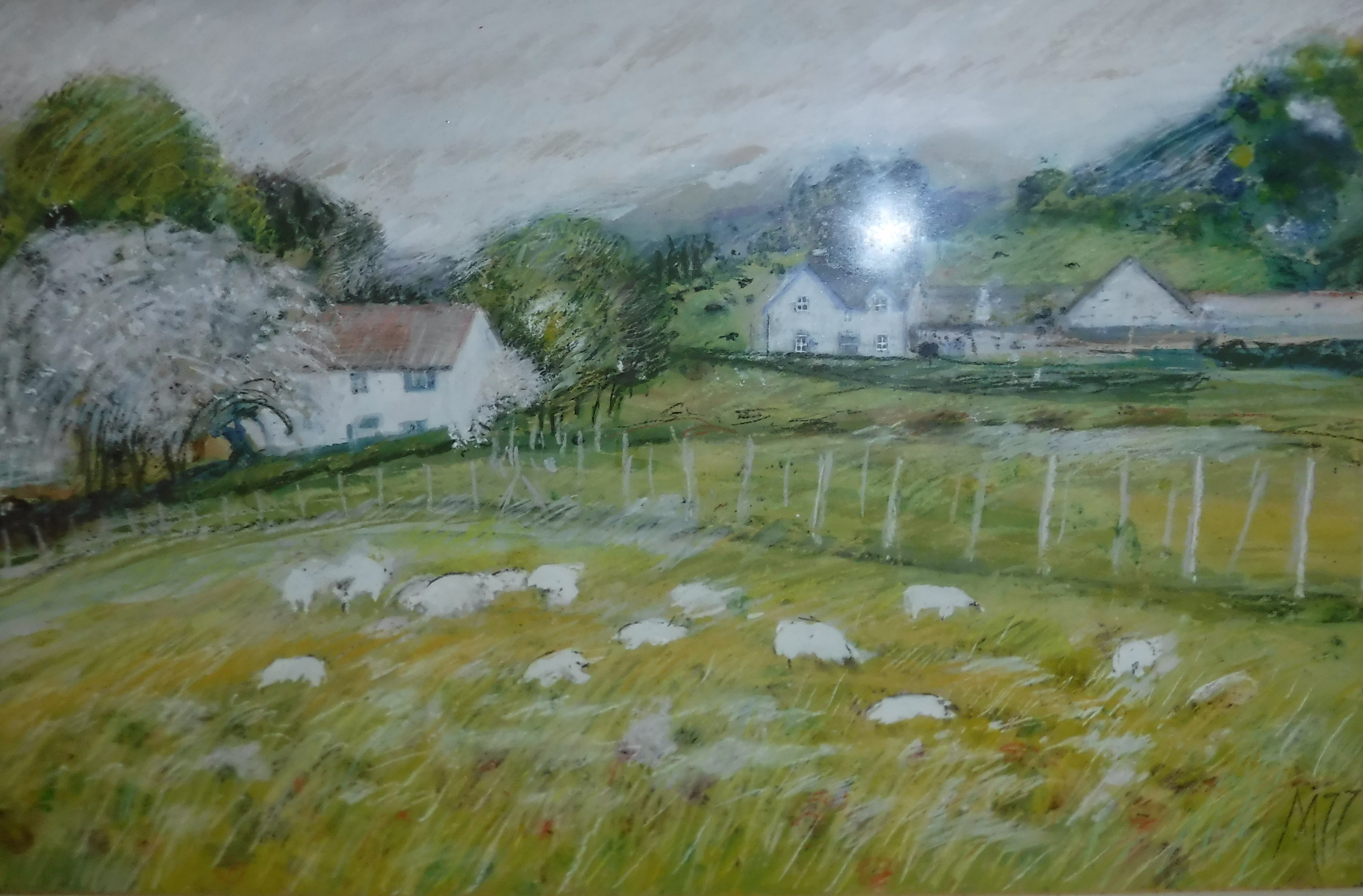 M "Sheep in field with whitewashed houses in the background", mixed media,