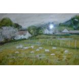 M "Sheep in field with whitewashed houses in the background", mixed media,