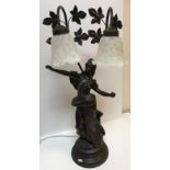 A bronzed table lamp in the Art Nouveau style with figural decoration and two frosted glass lamps