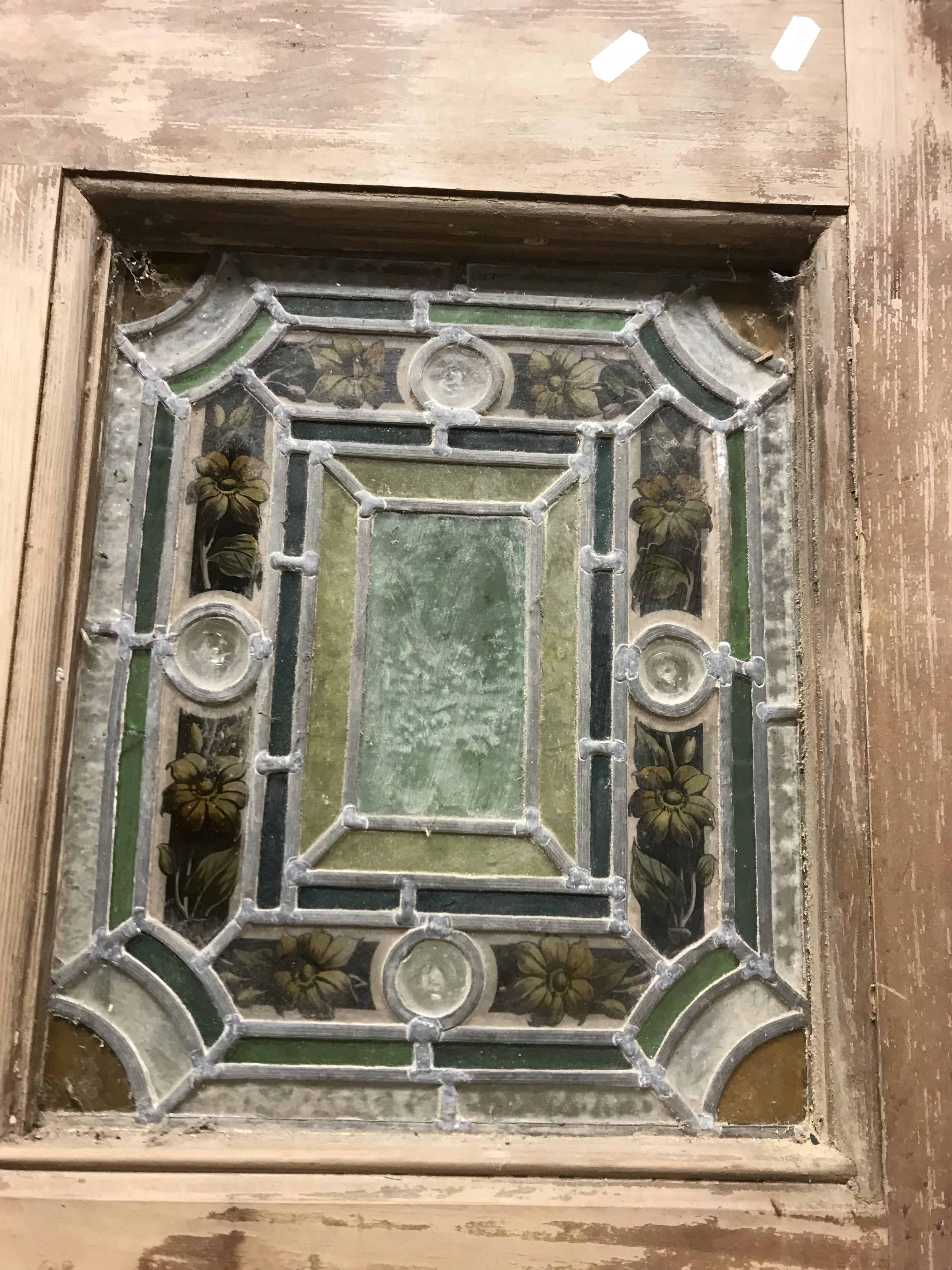 A late Victorian pine framed exterior door with four foliate and floral decorated leaded glazed - Image 5 of 13