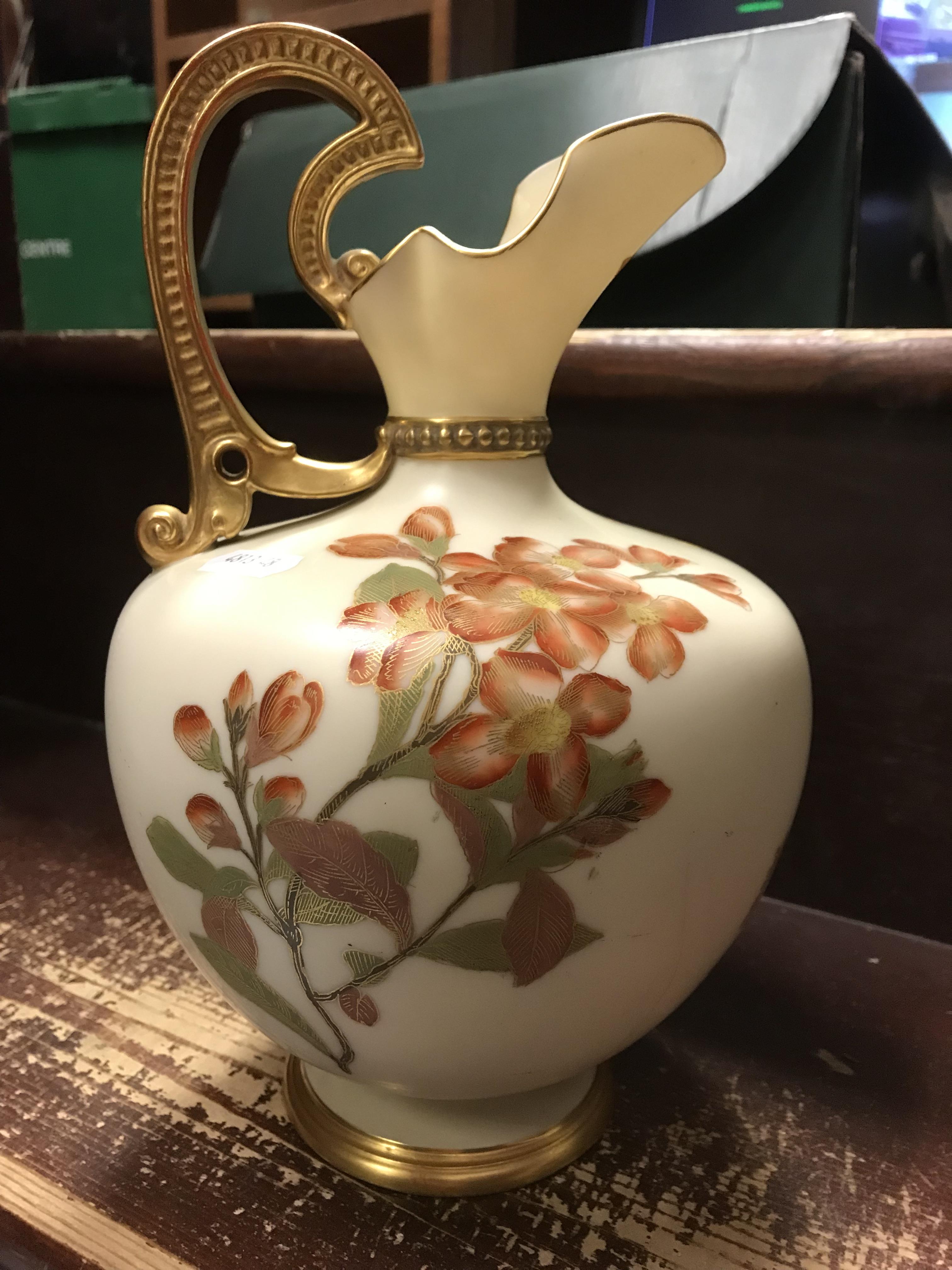 A Royal Worcester blushware jug with floral decoration No'd 4227 dated marked for 1890 25 cm high - Image 2 of 14