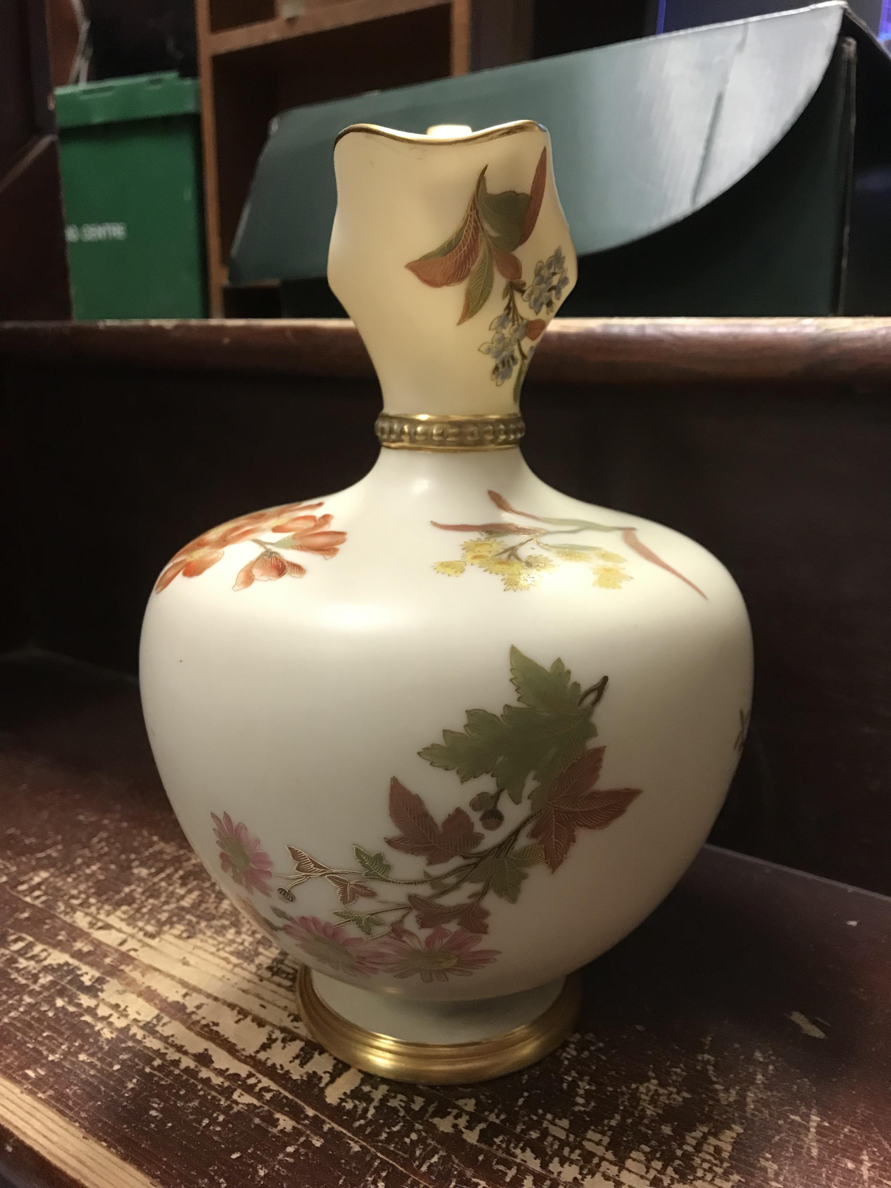 A Royal Worcester blushware jug with floral decoration No'd 4227 dated marked for 1890 25 cm high - Image 4 of 14