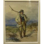 19TH CENTURY ENGLISH SCHOOL IN THE MANNER OF DAVID COX "Worker with scythe in a landscape"