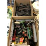 A box of various Hornby 00 and other rolling stock including carriages, trucks, track,