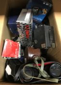A box of various vintage and other cameras to include Brownie Junior, Ensign E28, Hitachi 12OMPX,