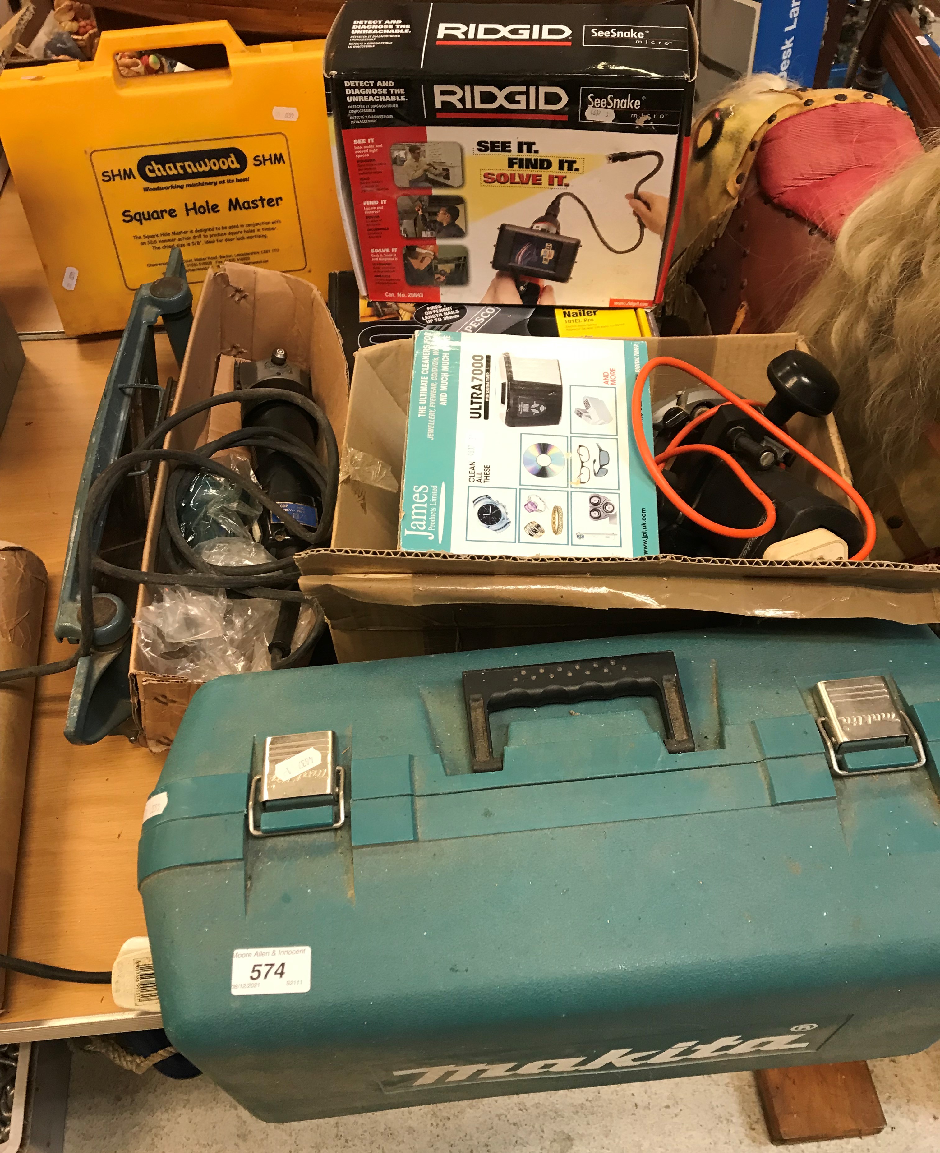 A Makita KP0810 Power Planer (boxed), a Black & Decker BD66 Router, a Ridgid seesnake,