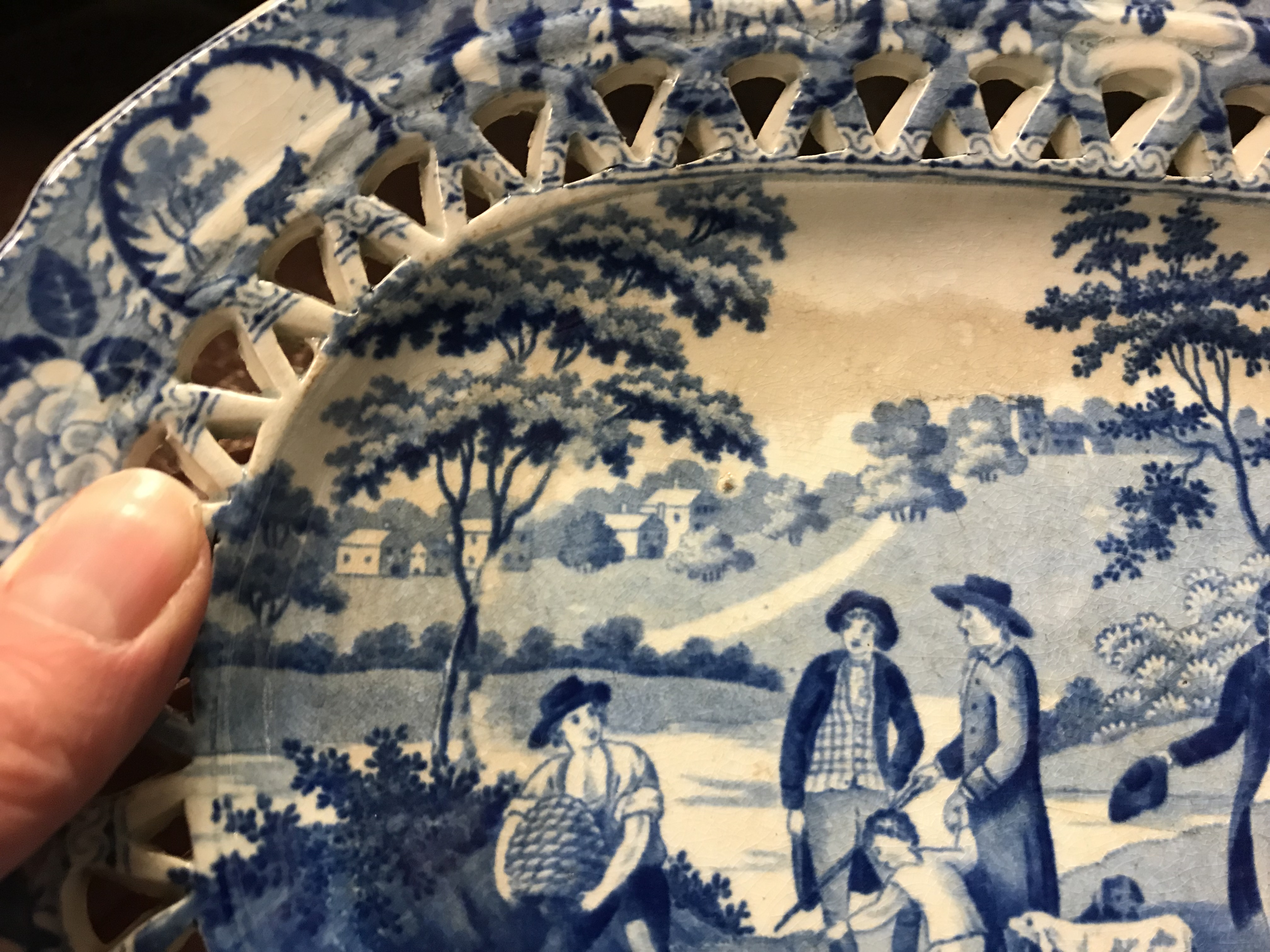 An early 19th Century blue and white transfer decorated pottery chestnut basket and stand, - Image 33 of 35