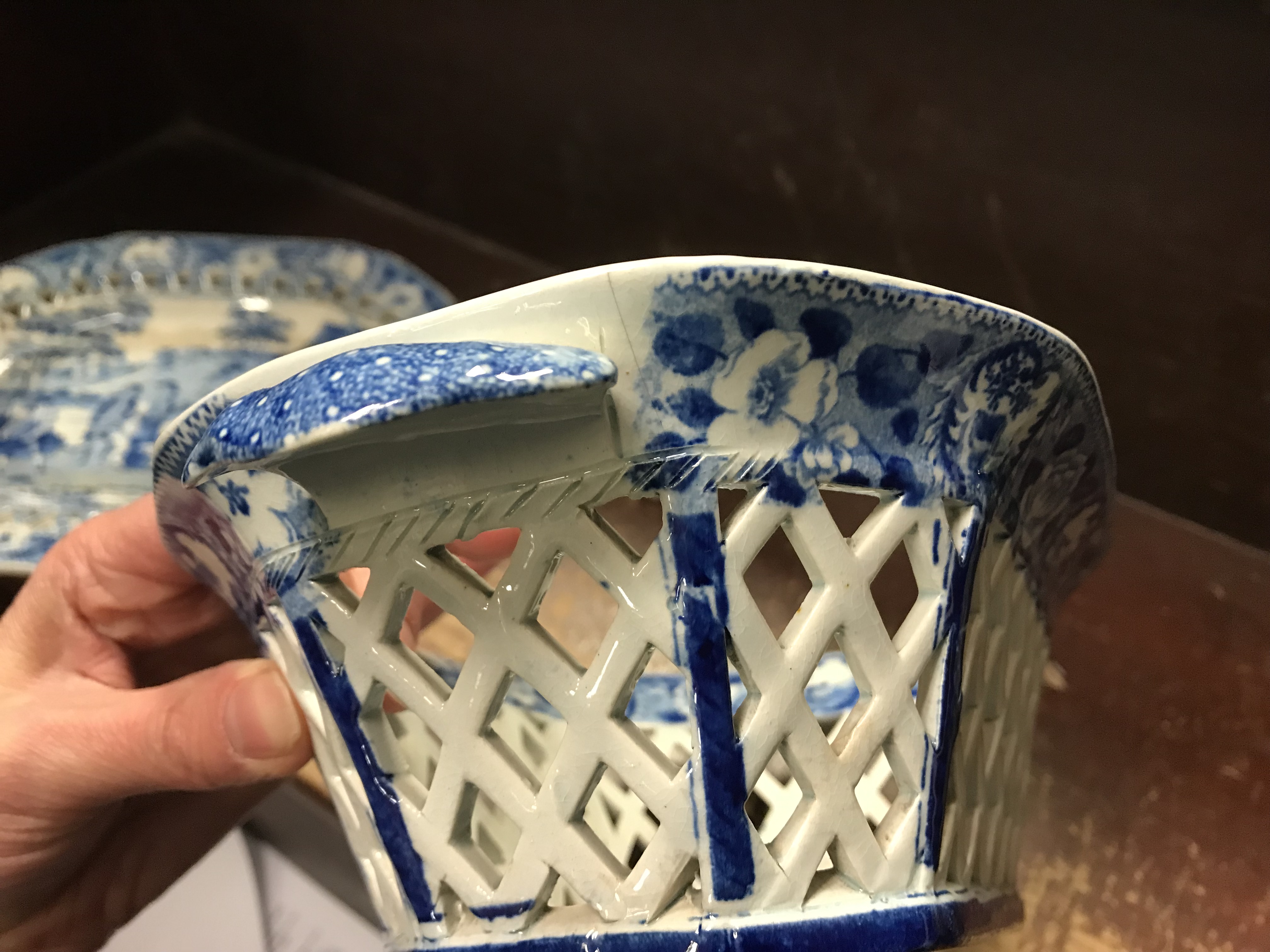 An early 19th Century blue and white transfer decorated pottery chestnut basket and stand, - Image 19 of 35
