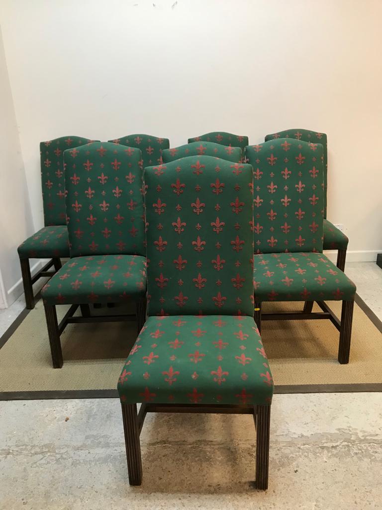 A set of eight modern fleur de lys red on green upholstered high back dining chairs on reeded beech - Image 2 of 2