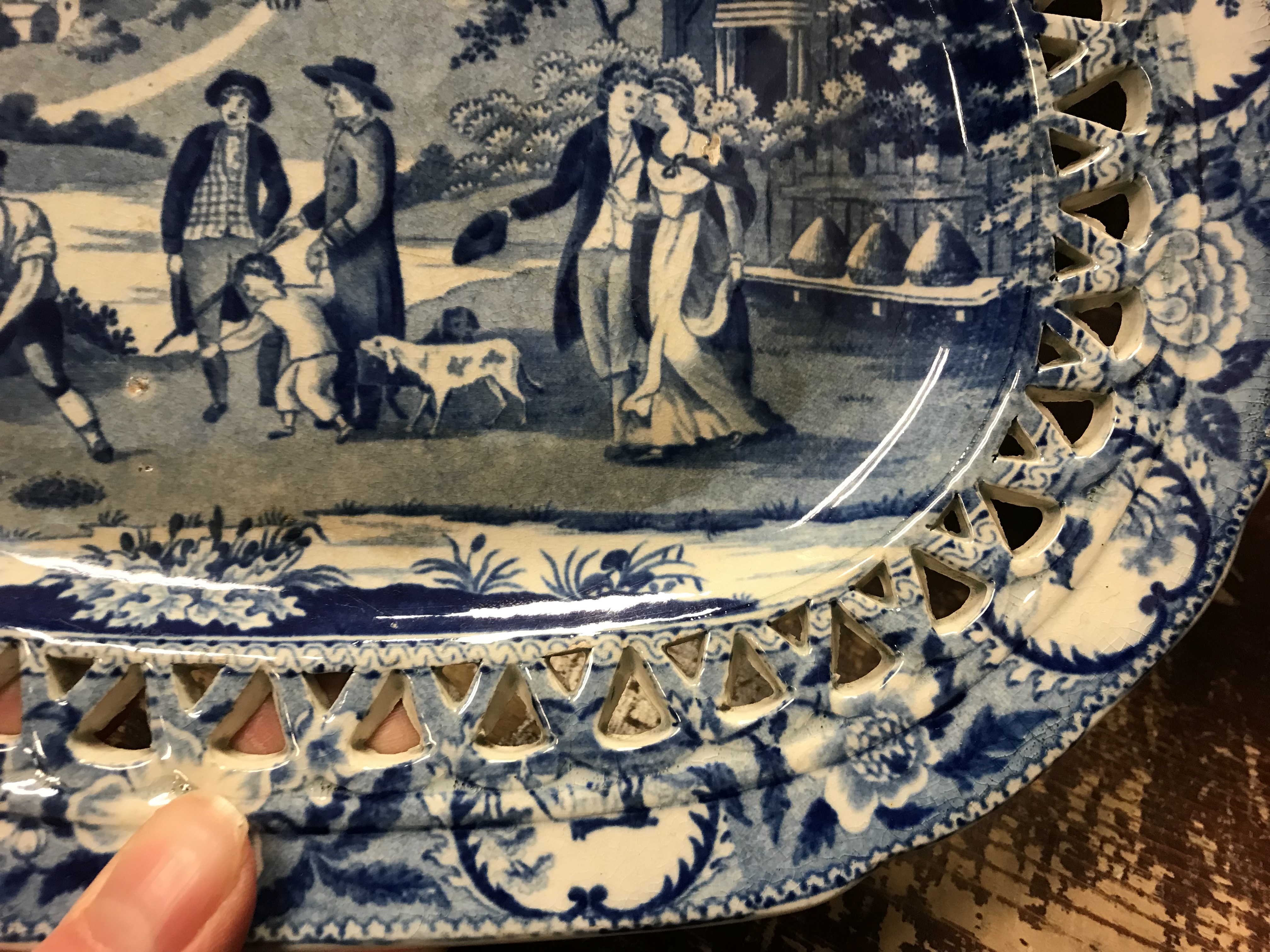 An early 19th Century blue and white transfer decorated pottery chestnut basket and stand, - Image 28 of 35
