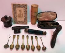 A collection of items to include a lacquered metal cased 19th Century apothecary scales with
