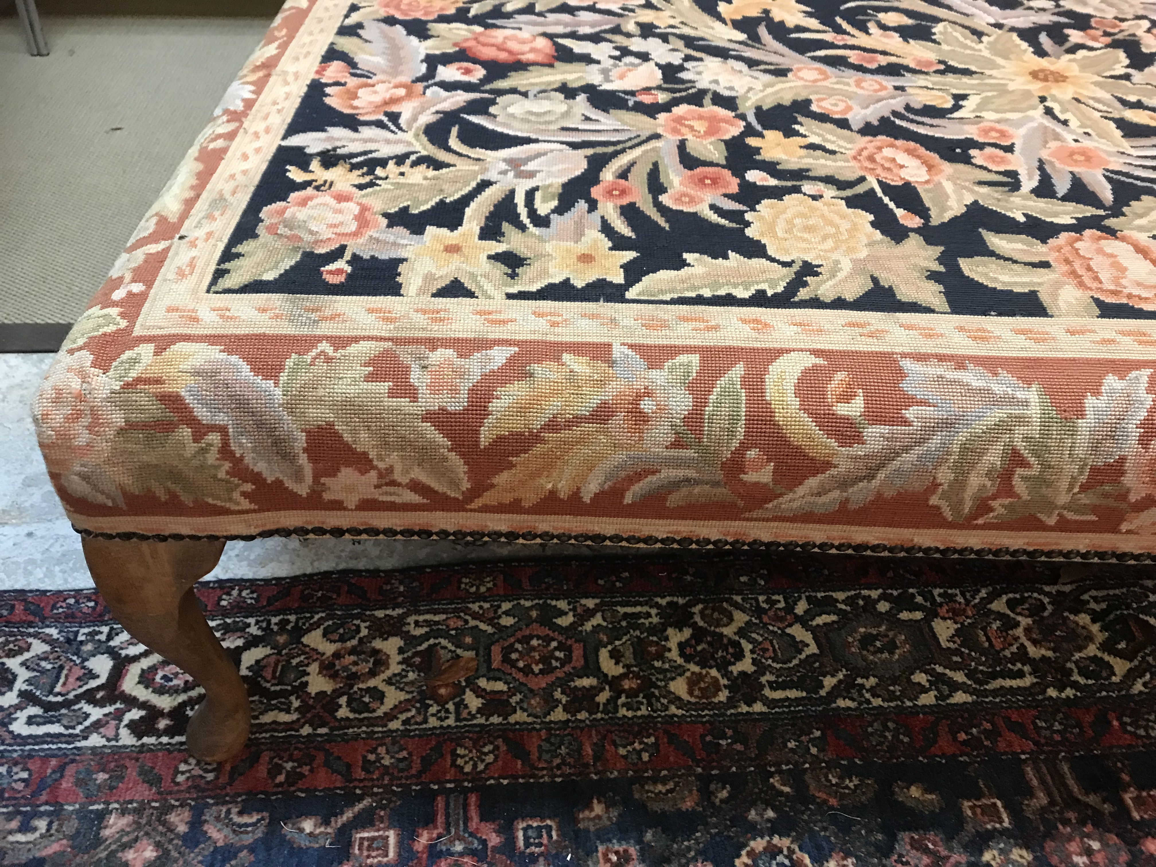 A modern floral tapestry upholstered rectangular drawing room stool on beech cabriole legs to pad - Image 9 of 16