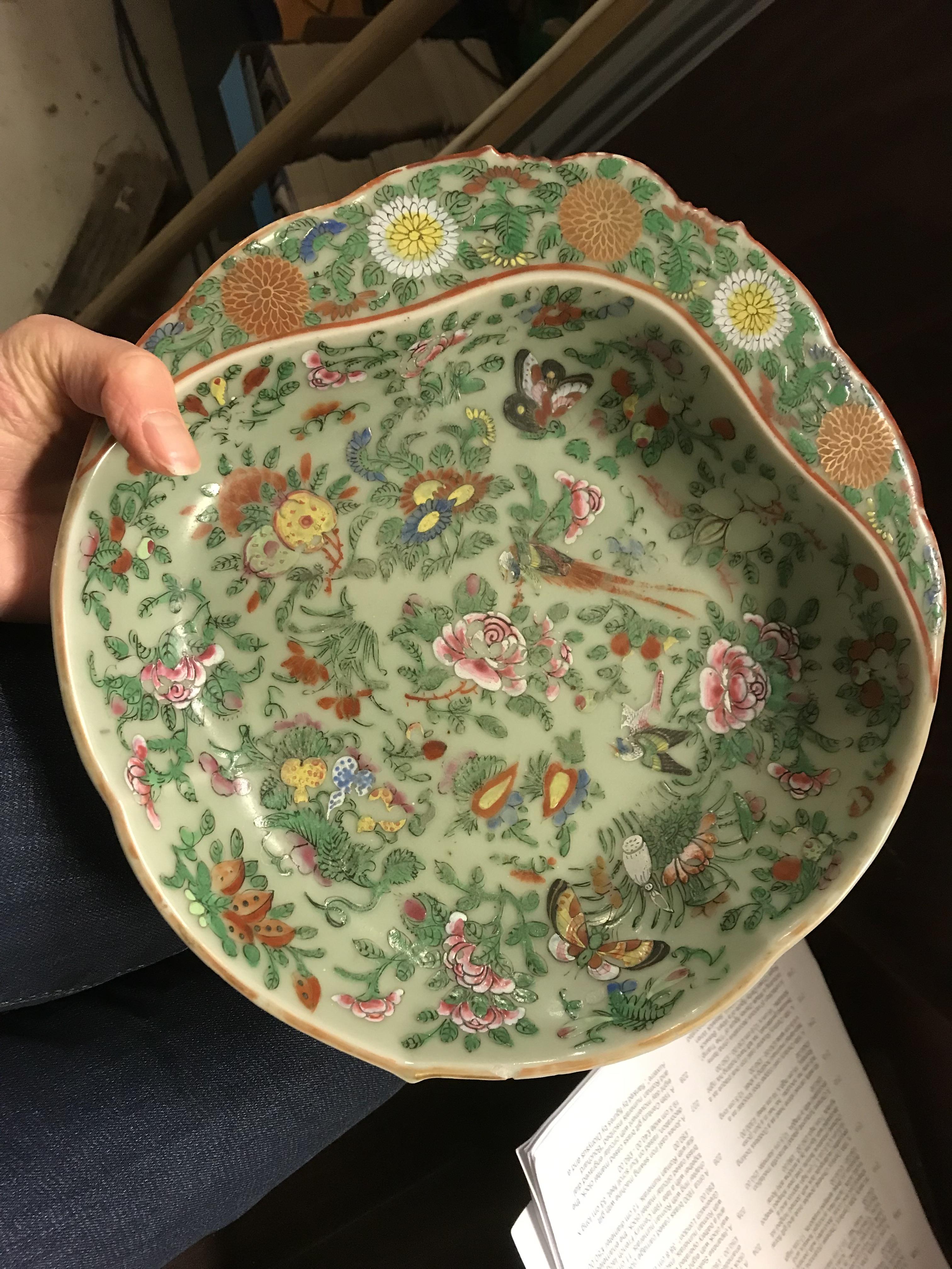 A 19th Century Chinese famille rose leaf shaped serving dish with half rim and all-over floral and - Image 2 of 22