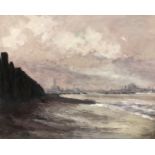 VIC TREVETT "Coastal landscape with city in background" oil on board,