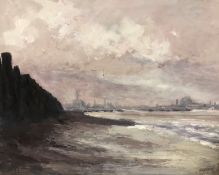 VIC TREVETT "Coastal landscape with city in background" oil on board,