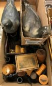 A box of various treenware to include two papier-mache pigeon decoys,