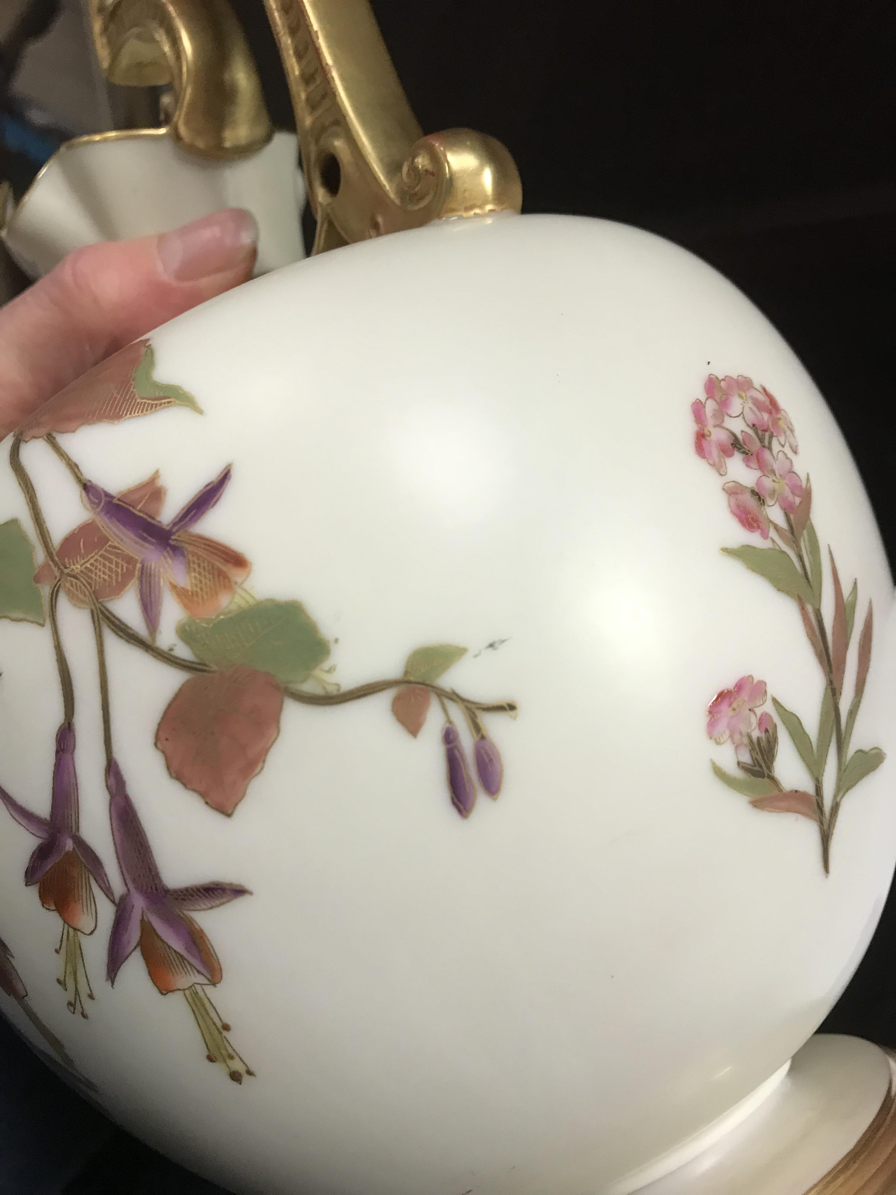 A Royal Worcester blushware jug with floral decoration No'd 4227 dated marked for 1890 25 cm high - Image 8 of 14
