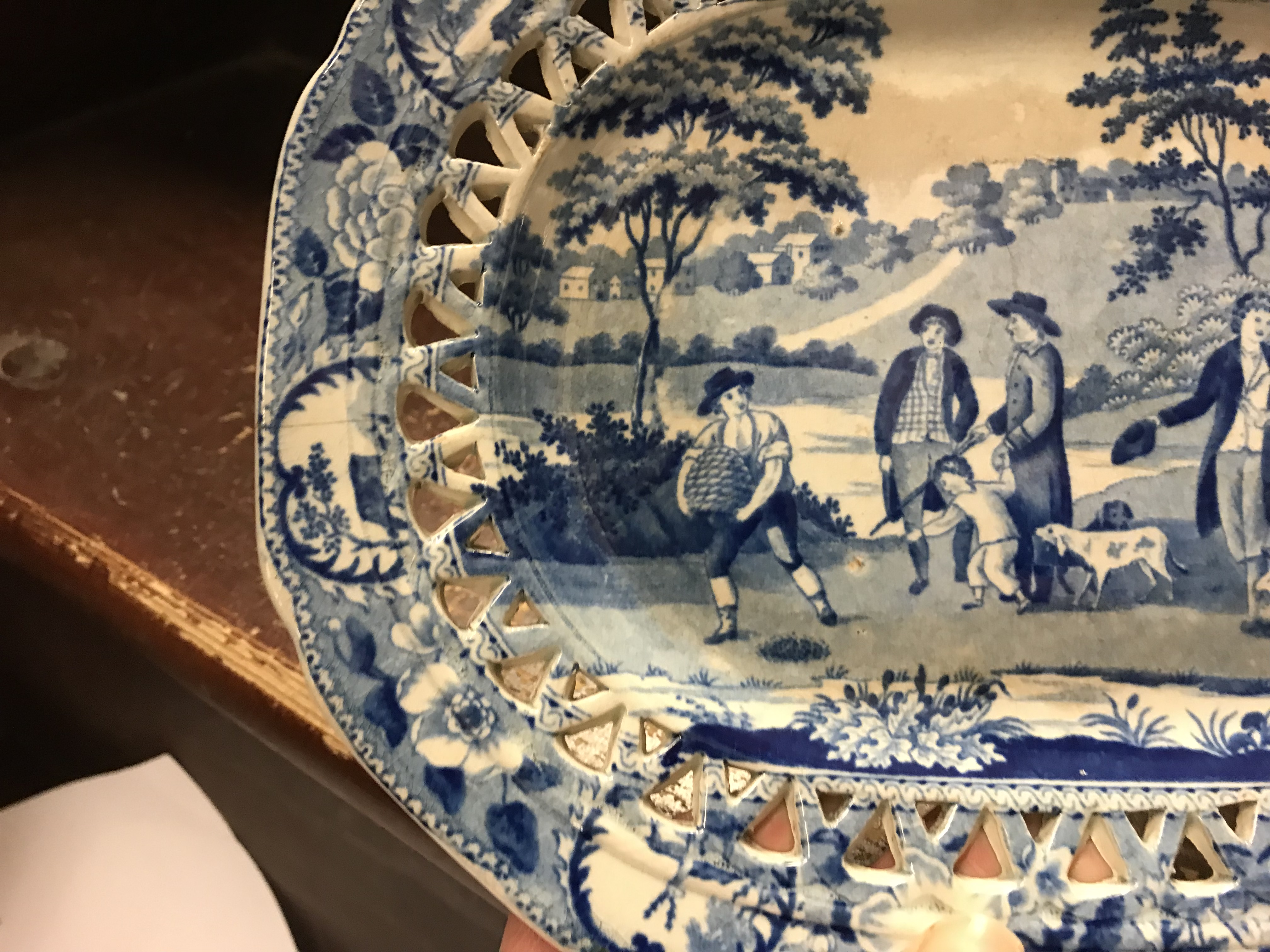 An early 19th Century blue and white transfer decorated pottery chestnut basket and stand, - Image 30 of 35
