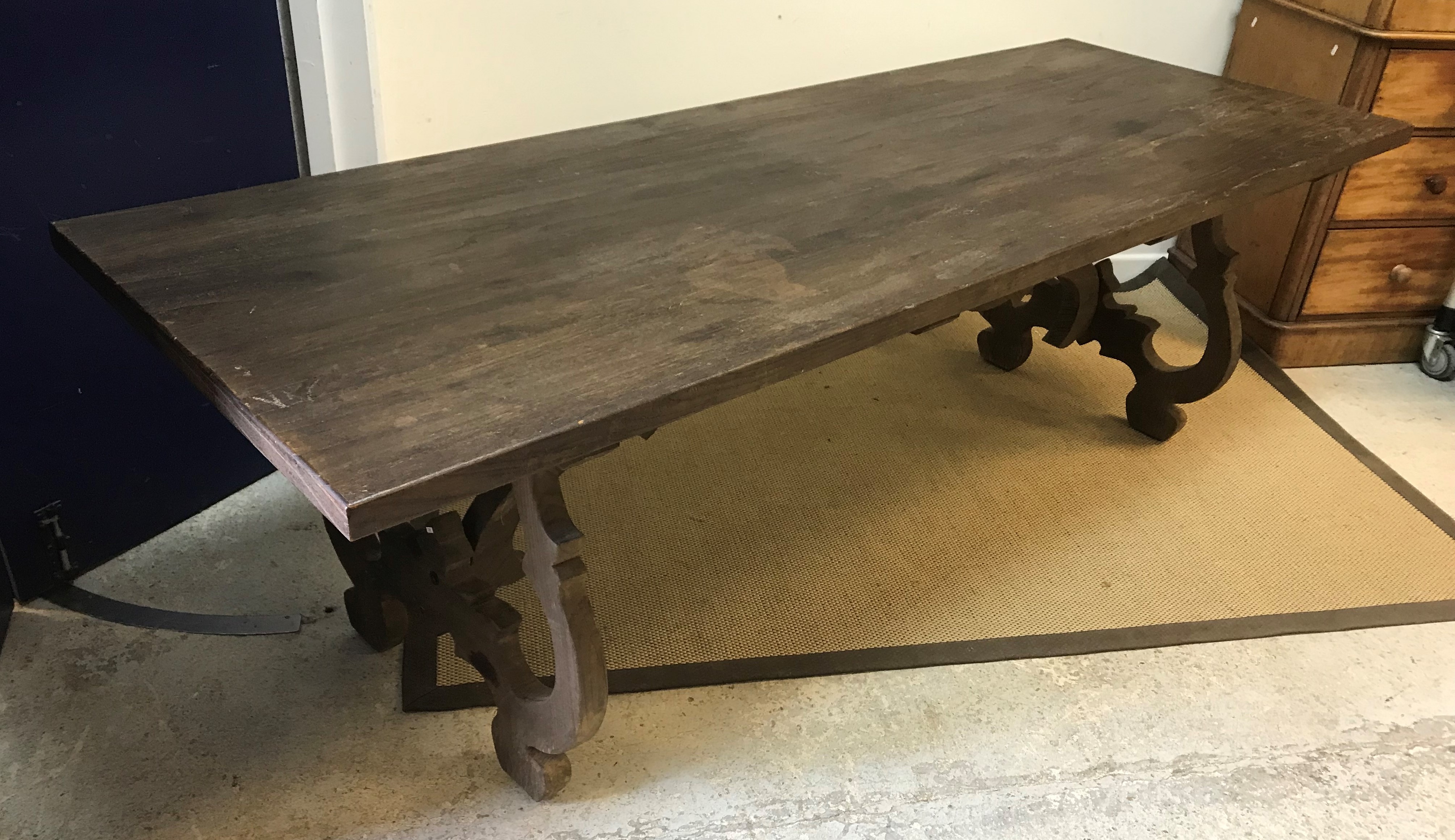 An OKA "Bowery" elm veneered dining table in the 17th Century Spanish taste raised on an elm carved - Image 2 of 2