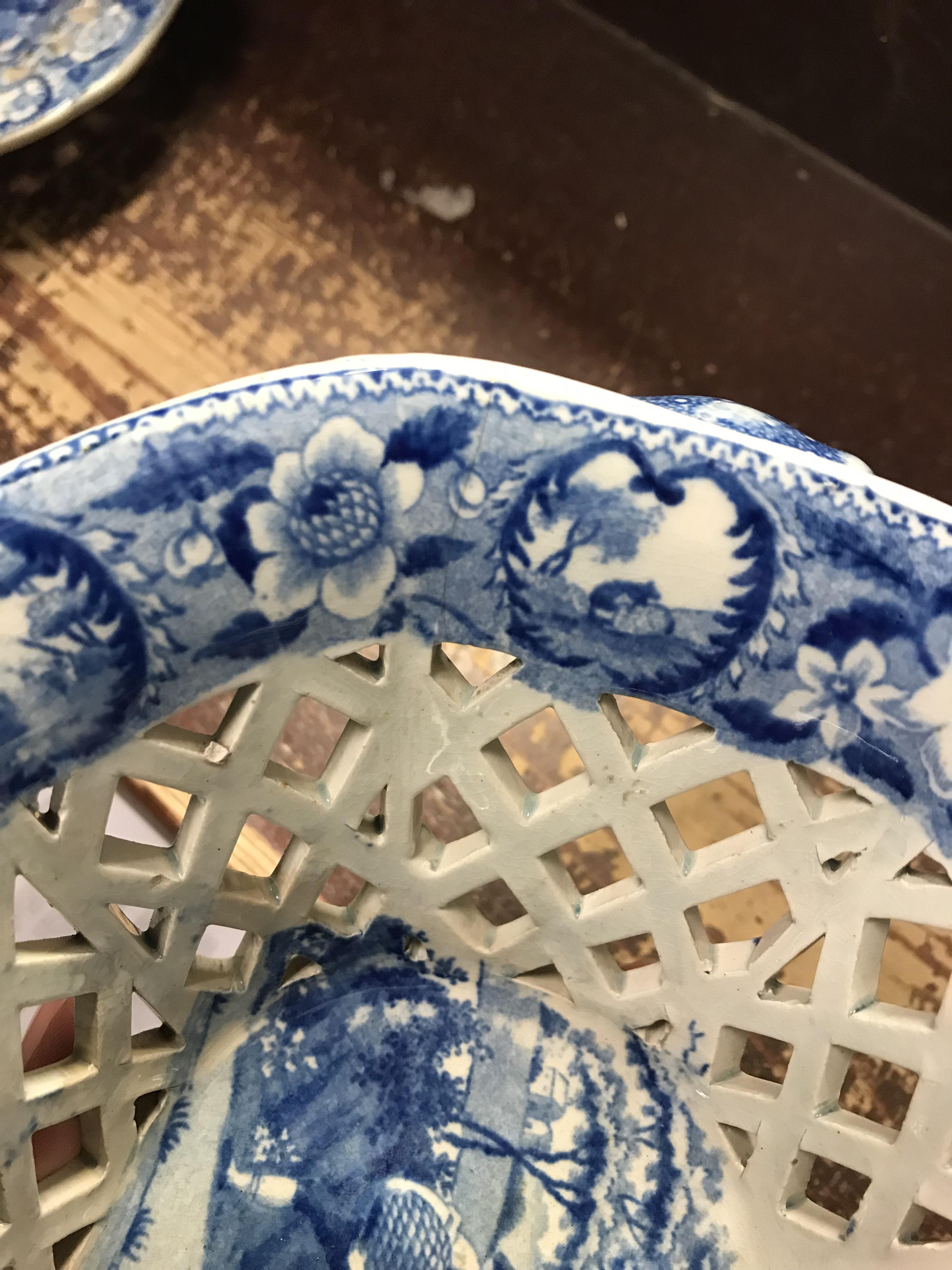 An early 19th Century blue and white transfer decorated pottery chestnut basket and stand, - Image 12 of 35