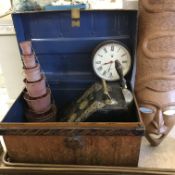 A Victorian tole ware type coal box with shovel, painted tin trunk, two brass pierced fire kerbs,