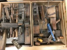 Two boxes/drawers of various planes including a Record No. 020 compass plane, a Stanley No.