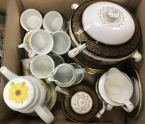 Four boxes of various china wares including Royal Doulton Lambeth Stoneware Summer Days coffee set