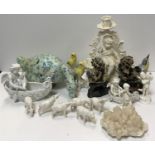 A collection of various china wares to include Dresden seated China man with famille rose decorated