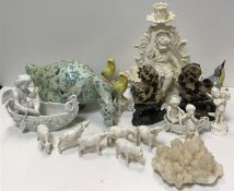 A collection of various china wares to include Dresden seated China man with famille rose decorated