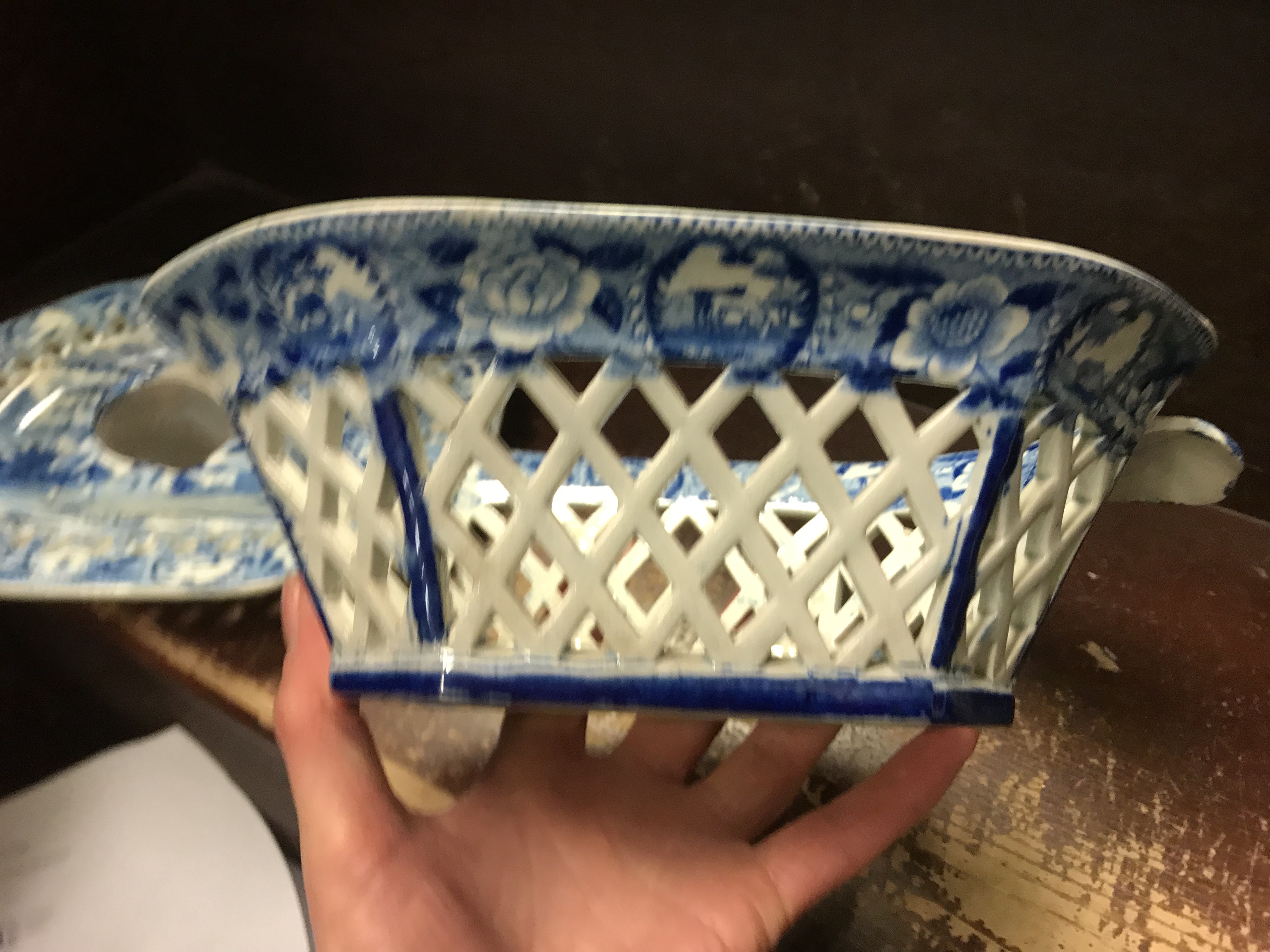 An early 19th Century blue and white transfer decorated pottery chestnut basket and stand, - Image 22 of 35