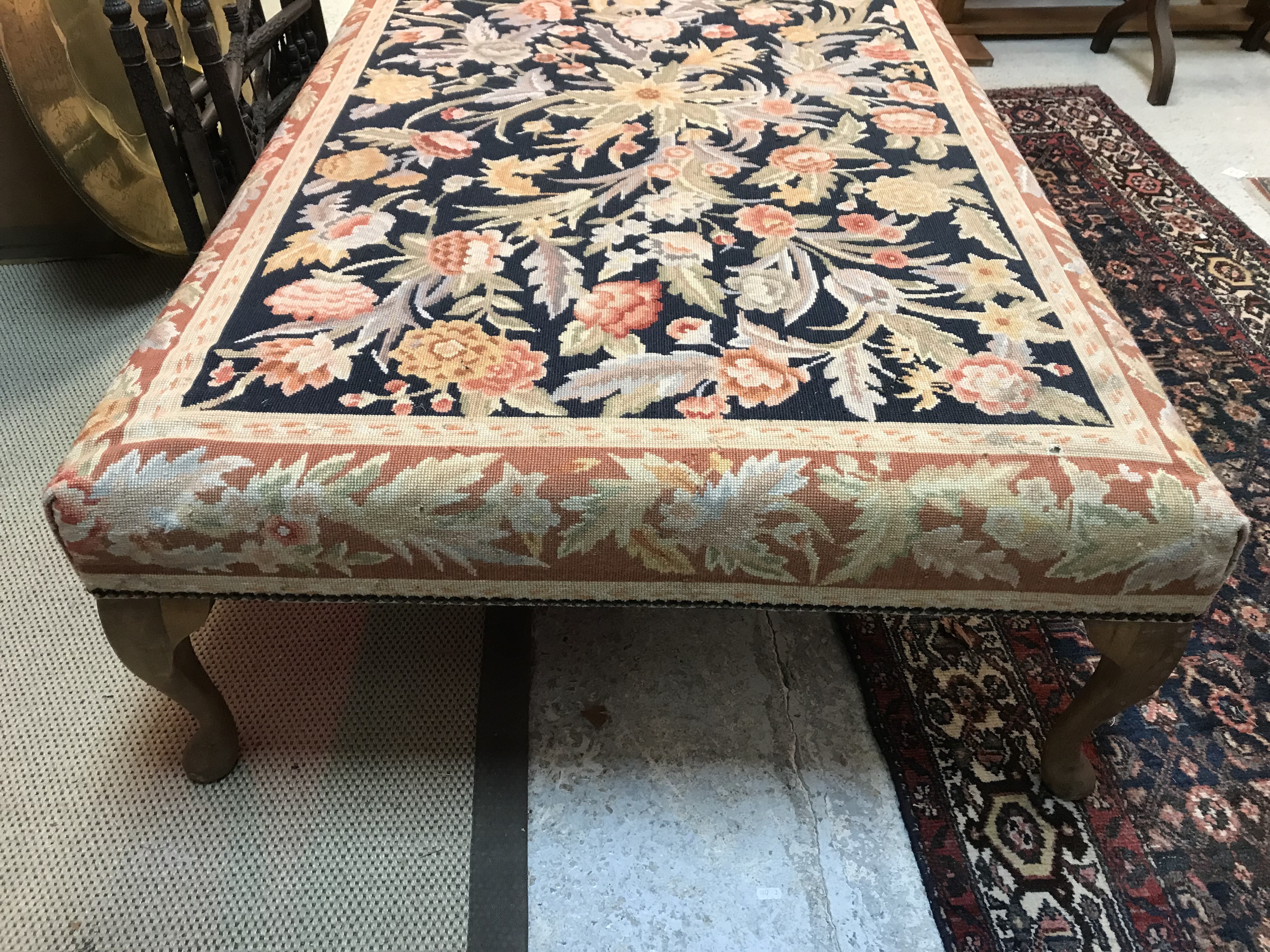 A modern floral tapestry upholstered rectangular drawing room stool on beech cabriole legs to pad - Image 8 of 16