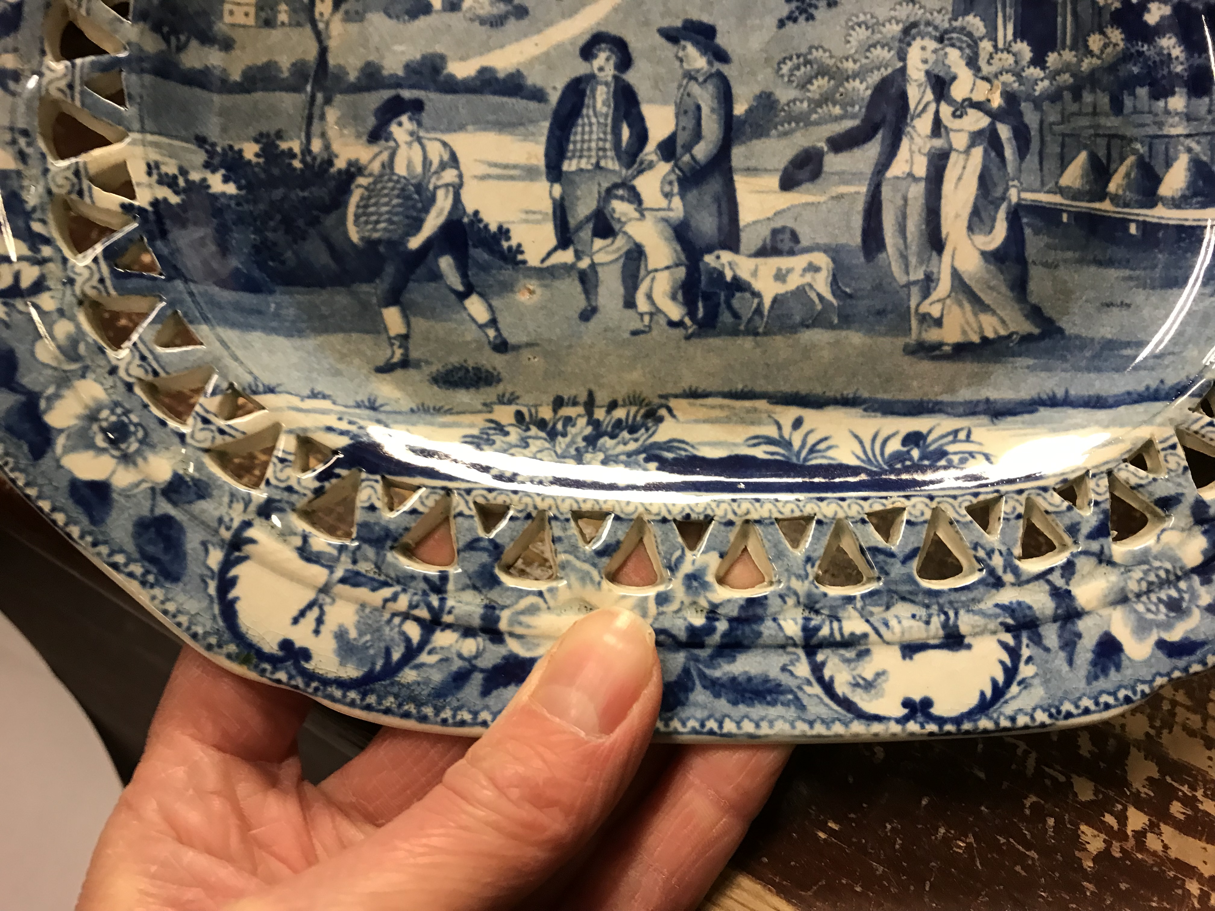 An early 19th Century blue and white transfer decorated pottery chestnut basket and stand, - Image 29 of 35