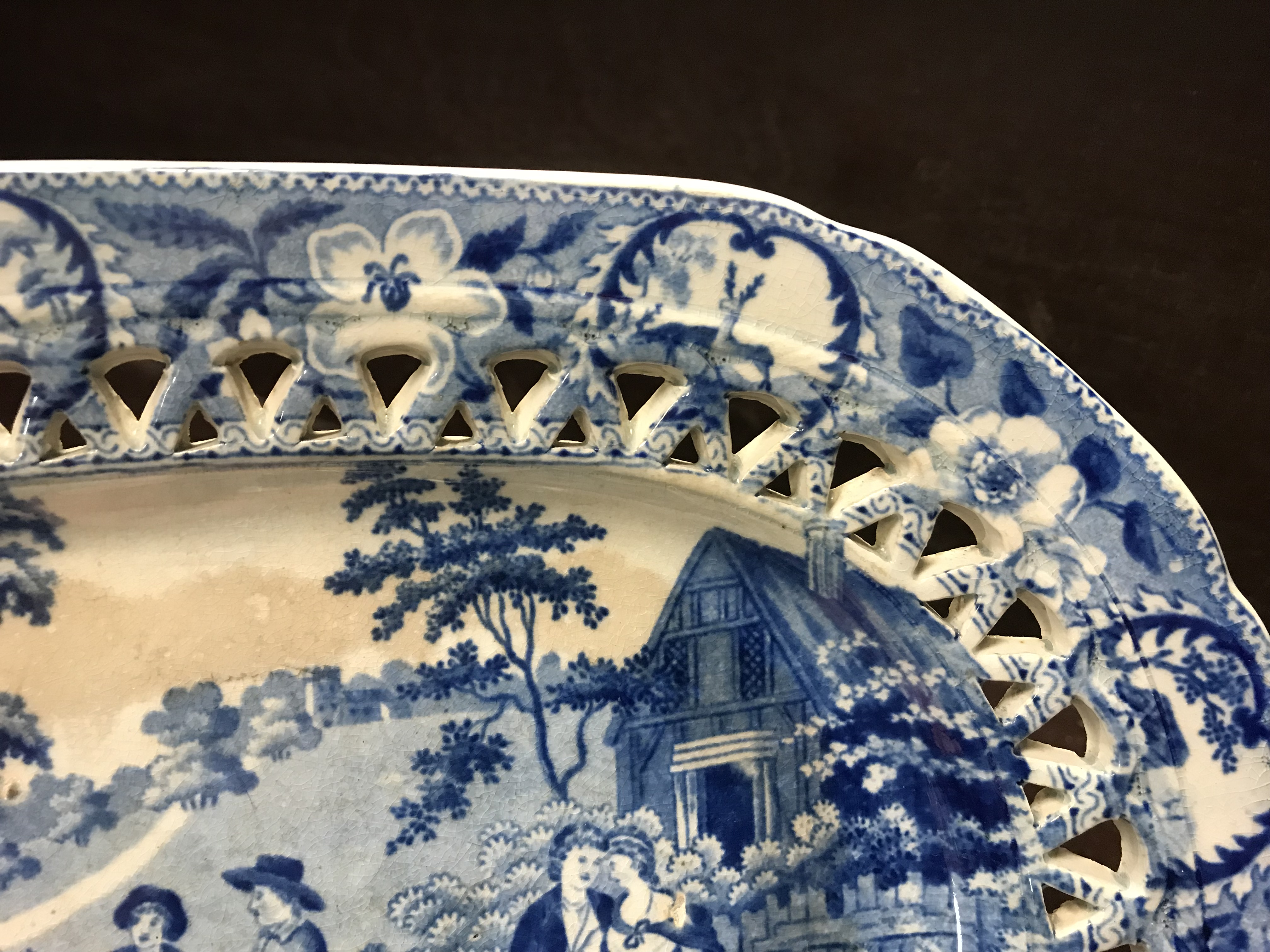 An early 19th Century blue and white transfer decorated pottery chestnut basket and stand, - Image 26 of 35
