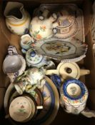 A box of various Continental china wares including French faience milk jug by Quimper,