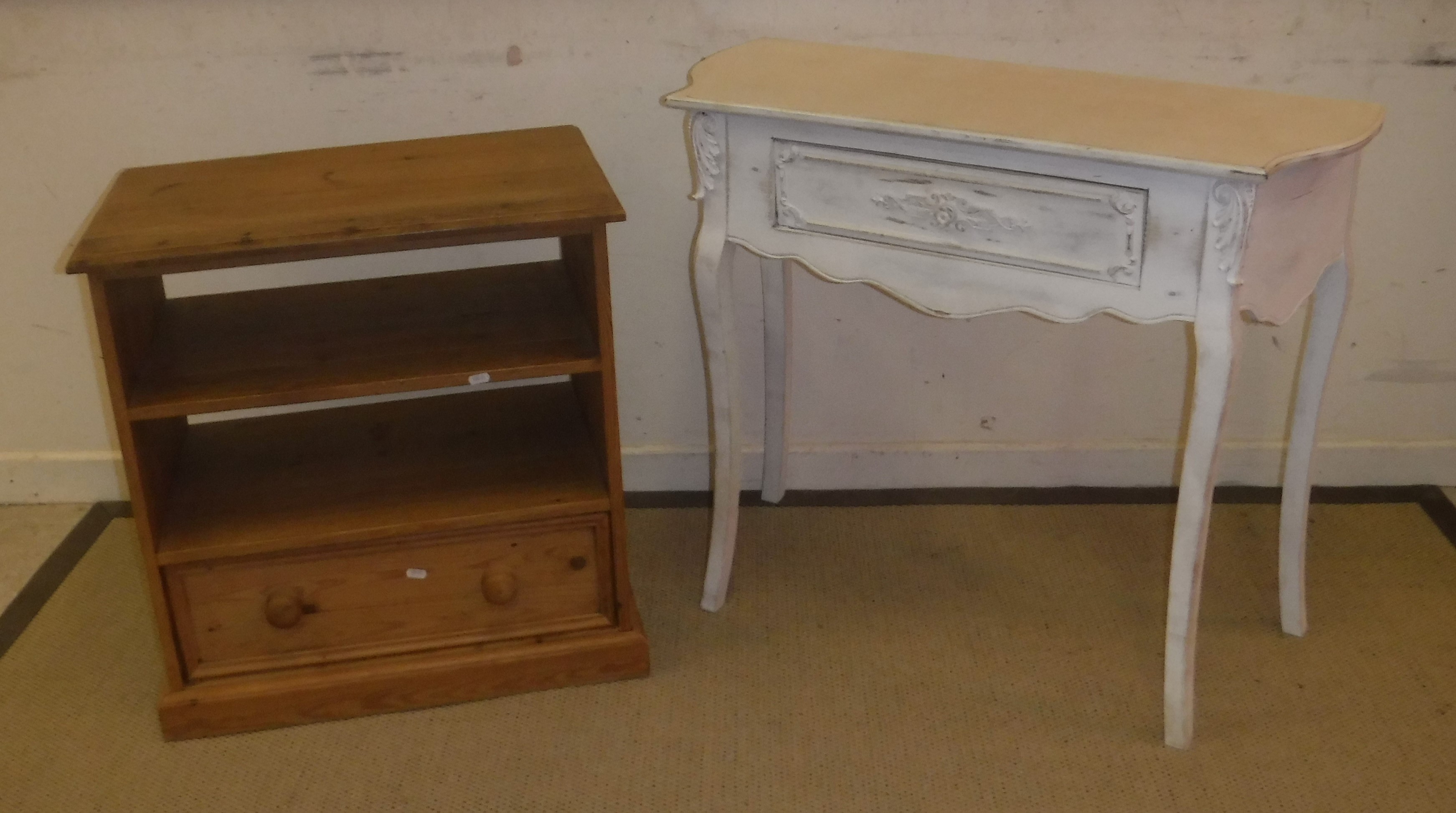 A modern white painted single drawer side table in the Louis XV style, 89.5 cm wide x 37.