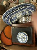 Three boxes of various sundry items to include a pair of plated vegetable tureens and covers,