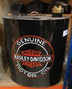 A set of five modern painted oil cans and an oval modern painted petrol can "Harley Davidson",