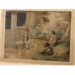 19TH CENTURY ENGLISH SCHOOL “Figures seated by a doorway with landscape unfolding in background”,