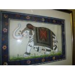 A box of assorted pictures and prints to include Indian gouache on silk "Images of elephants", AFTER