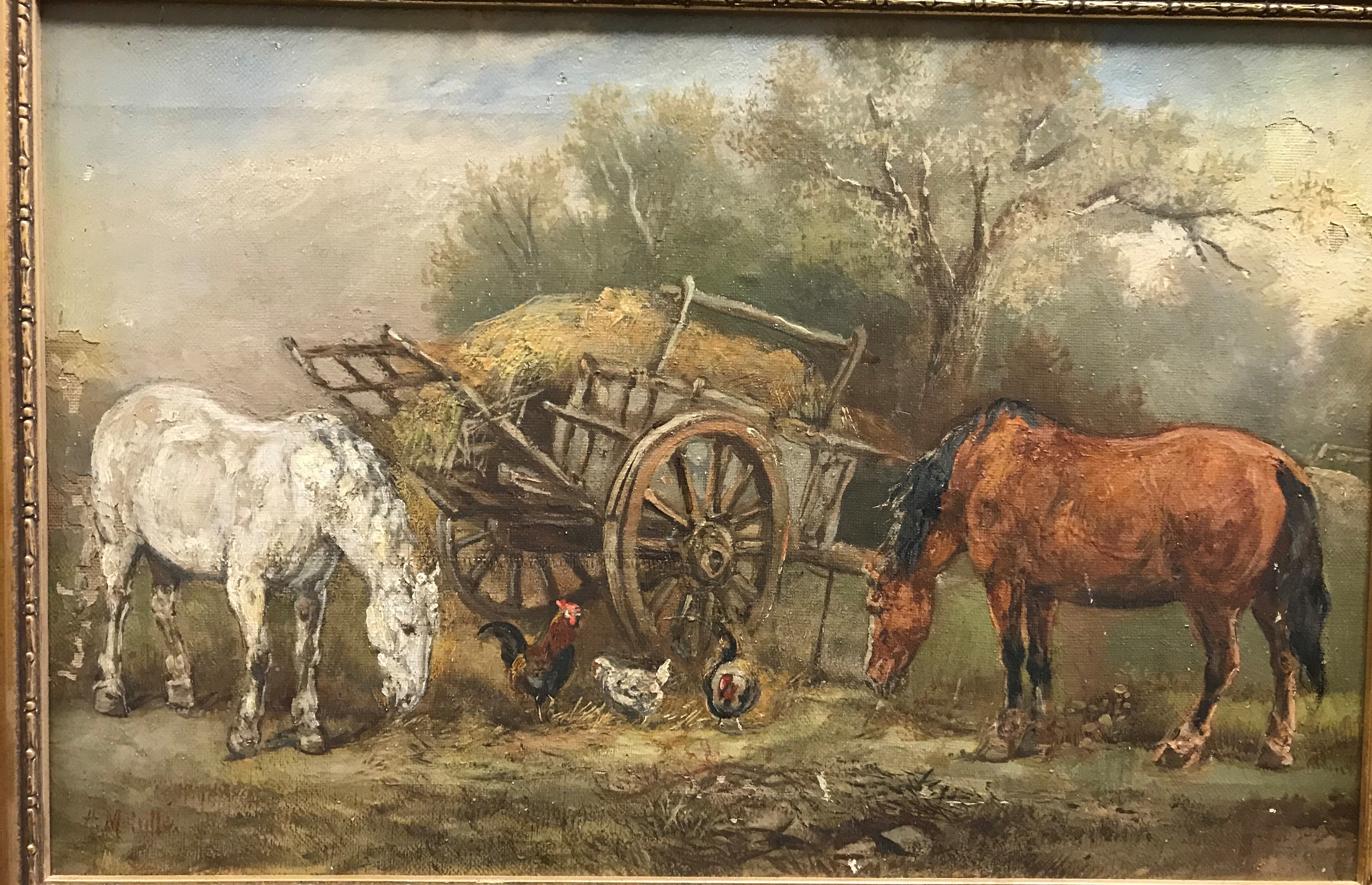 ARDEN SIDNEY MELVILLE (1847-1881) "Cart, two horses and chickens", oil on canvas, signed lower left, - Image 2 of 2