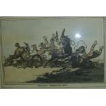 AFTER GILRAY "Hounds throwing off", cartoon study of hunting scene, coloured engraving, size