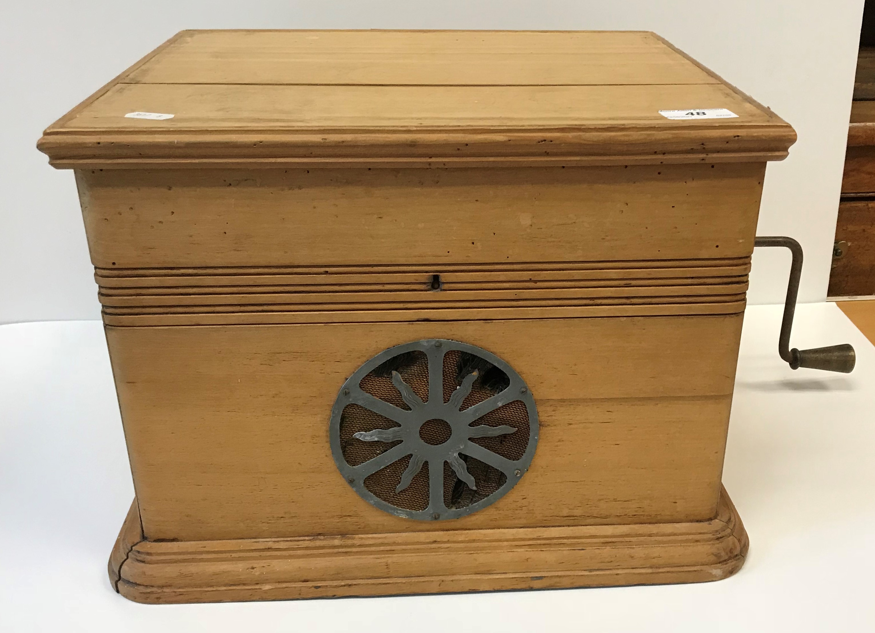 A stripped beech cased "The Excello" deluxe model table-top gramophone, 39.5 cm x 35.5 cm x 27.8