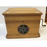 A stripped beech cased "The Excello" deluxe model table-top gramophone, 39.5 cm x 35.5 cm x 27.8